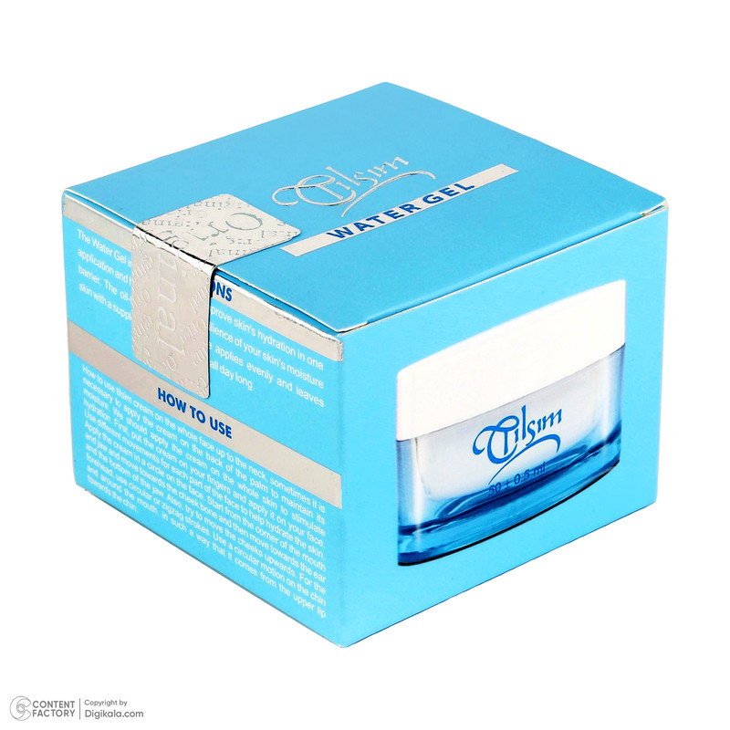 کرم مرطوب‌کننده و آبرسان تیلسیم، مدل Water Gel، مناسب انواع پوست، با عصاره آلوئه‌ورا، حاوی ویتامین‌های E و B، ضدالتهاب و التیام‌بخش، مناسب استفاده در صبح و شب و برای صورت و گردن، حجم 50 میلی‌لیتر