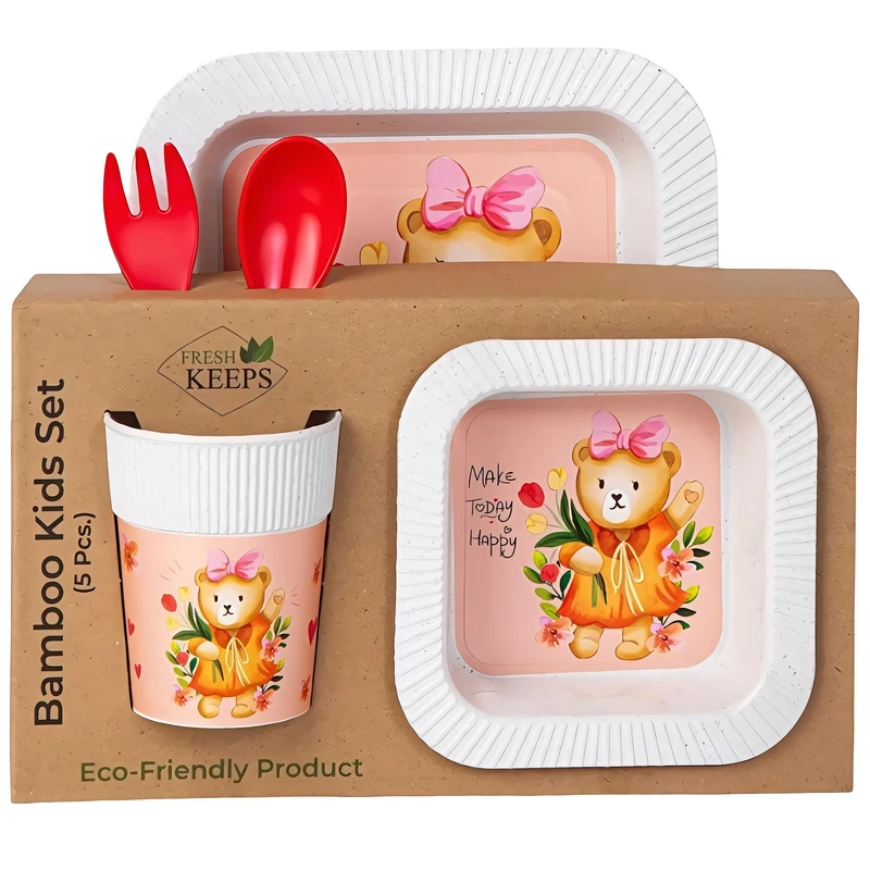 ظرف غذا کودک فرش کیپس مدل بامبو طرح خرسی مجموعه 5 عددی