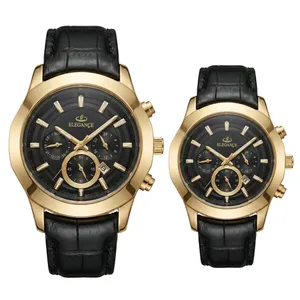 ست ساعت مچی عقربه‌ای کوارتز زنانه و مردانه الگانس مدل تک موتوره بند چرم قفل فیکس کد 003