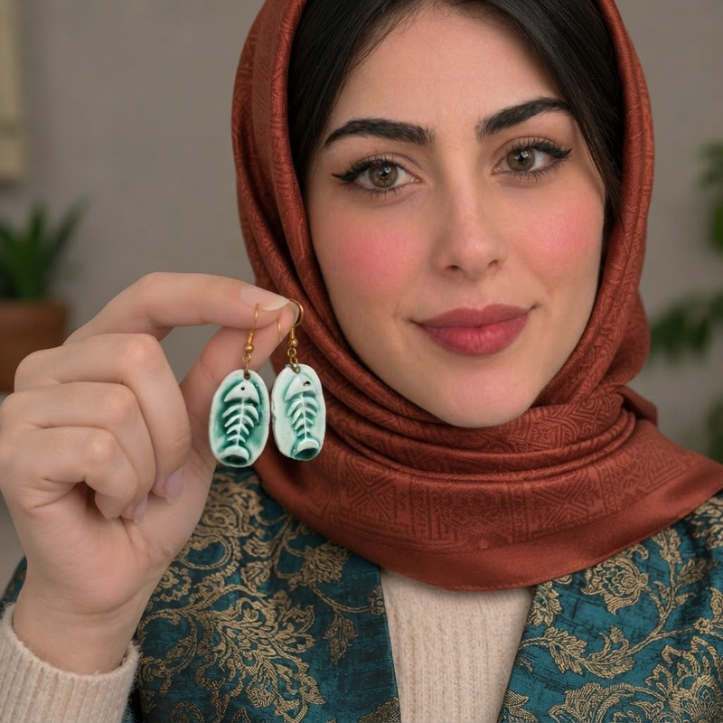 گوشواره سرامیکی دست ساز زنانه مدل اسکلت ماهی