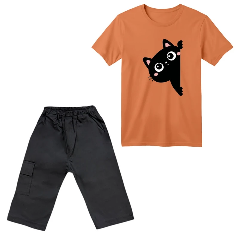 ست تی‌شرت آستین کوتاه و شلوارک پسرانه مدل گربه کد ۱۵ رنگ گلبهی