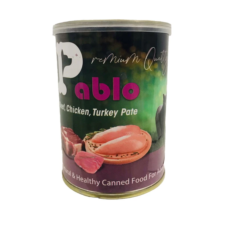 کنسرو گربه پابلو مدل beef&chicken&turkey pate وزن 400 گرم