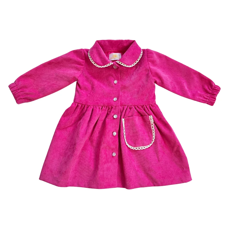 پیراهن آستین بلند یقه ب ب دخترانه مدل تک جیب