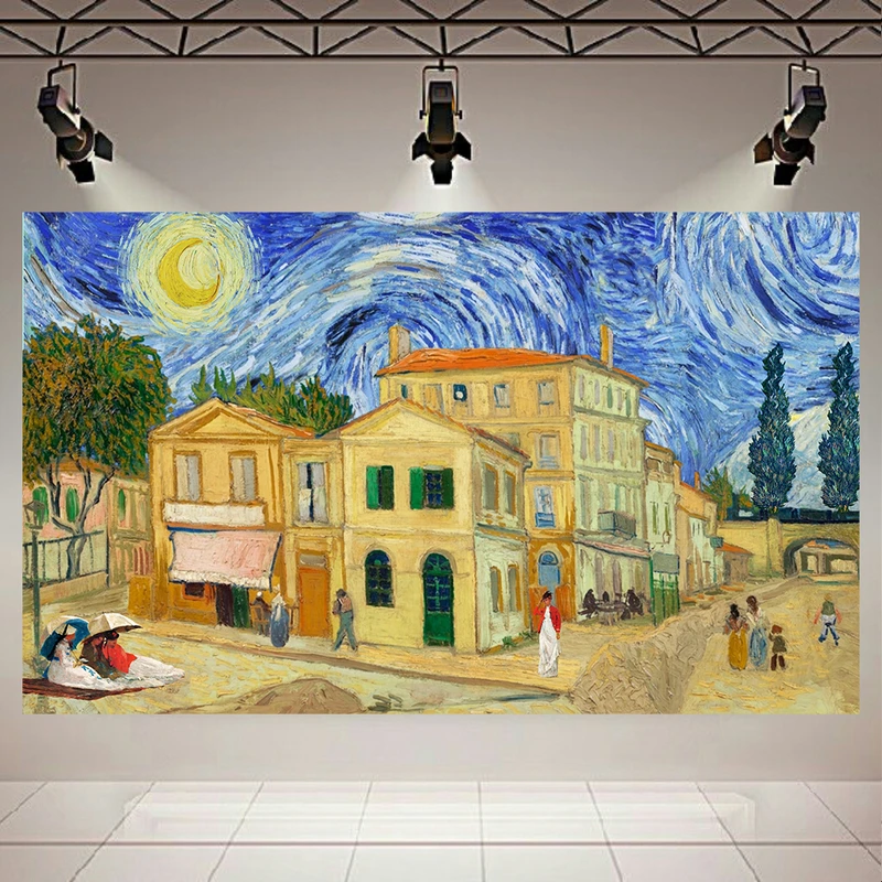 تابلو بوم طرح مخمل انتزاعی نقاشی شب پرستاره ونگوگ مدل نمای دهکده کد PD1755