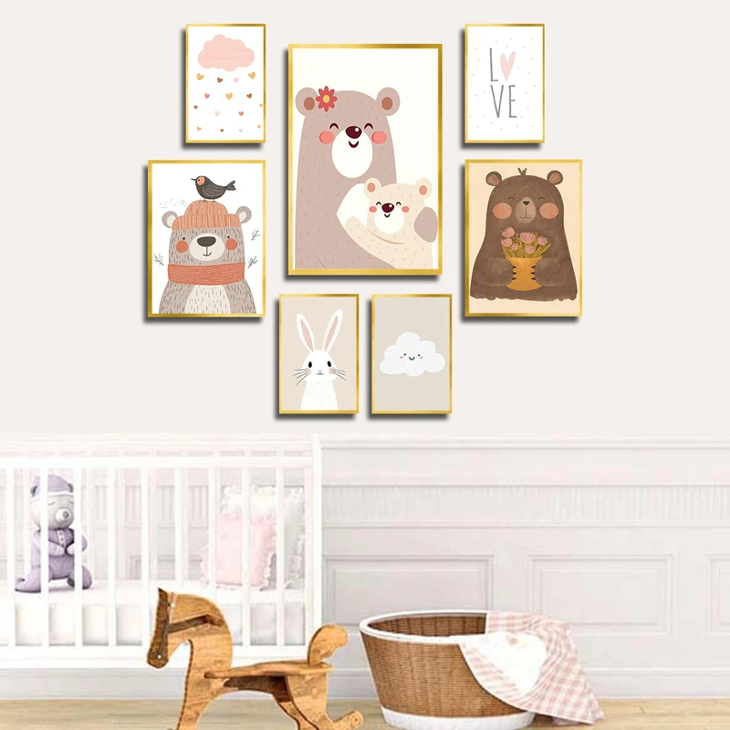 تابلو بکلیت طرح نقاشی خرس و خرگوش و اتاق کودک مدل T-3718 فریم طلایی مجموعه 7 عددی