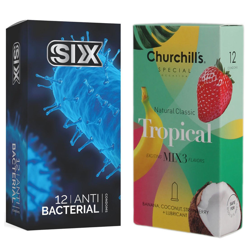 کاندوم چرچیلز مدل Tropical بسته 12 عددی به همراه کاندوم سیکس مدل آنتی باکتریال بسته 12 عددی کاندوم چرچیلز مدل Tropical بسته 12 عددی به همراه کاندوم سیکس مدل آنتی باکتریال بسته 12 عددی