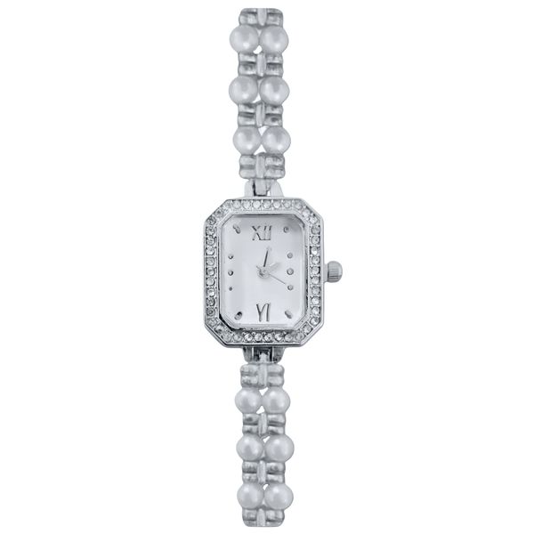 ساعت مچی عقربهای کوارتز زنانه مدل لوکس بند دستبندی مرواریدی قاب دور نگین کد ۱.۷