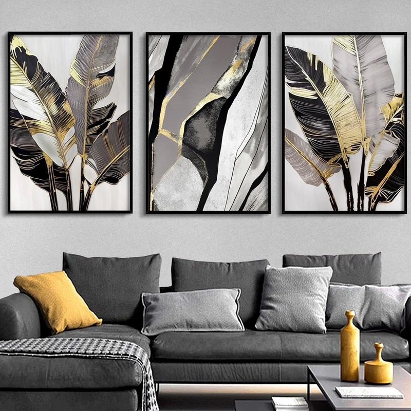 تابلو مدل مینیمال طرح برگ و خطوط مجموعه سه عددی