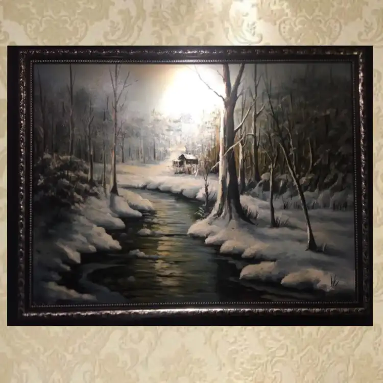 تابلو نقاشی رنگ روغن طرح جنگل در زمستان
