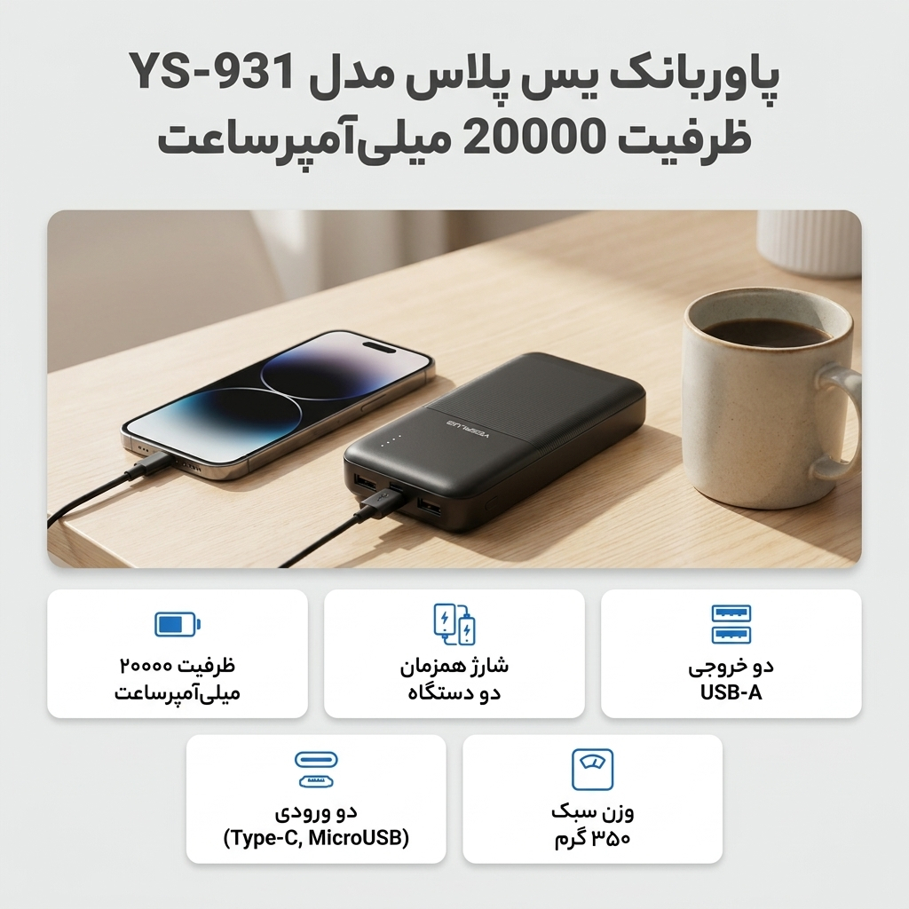 قیمت و خرید پاوربانک یس پلاس مدل YS-931 ظرفیت 20000 میلی‌آمپرساعت