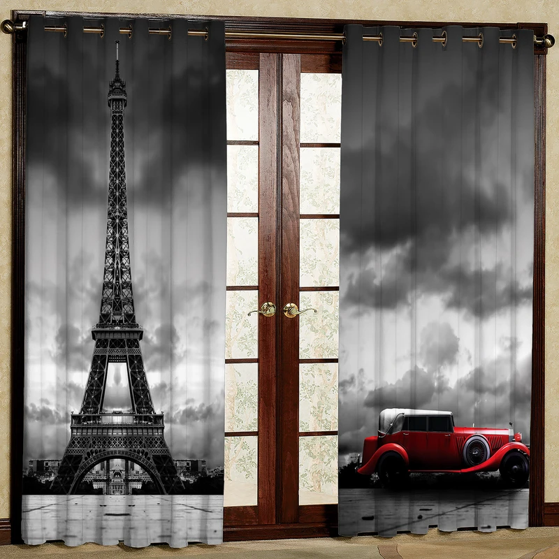 پرده مدل برج ایفل و ماشین مخمل پانچی کد 1104a سایز 200x140 سانتی متر