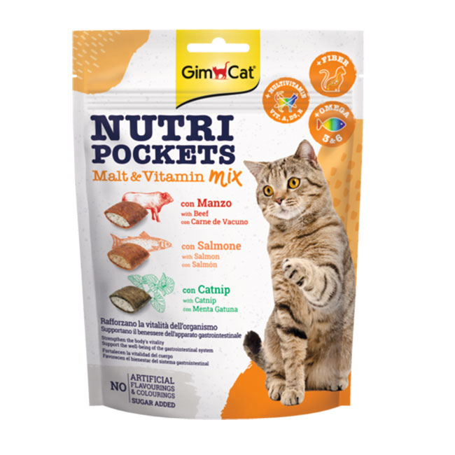 غذای تشویقی گربه جیم کت مدل گوشت گوساله، سالمون و نعنا وزن 150 گرم