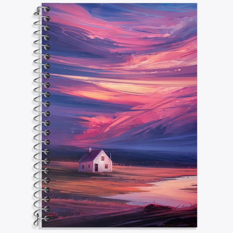 دفتر زبان 50 برگ خندالو مدل سه خط طرح کلبه و غروب کد F327