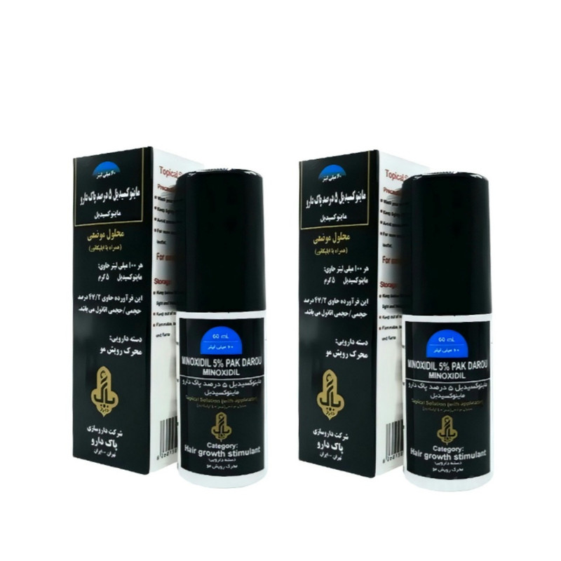محلول محرک رشد مو پاک دارو مدل ماینوکسیدیل 5 درصد حجم 60 میلی لیتر بسته 2 عددی محلول محرک رشد مو پاک دارو مدل ماینوکسیدیل 5 درصد حجم 60 میلی لیتر بسته 2 عددی