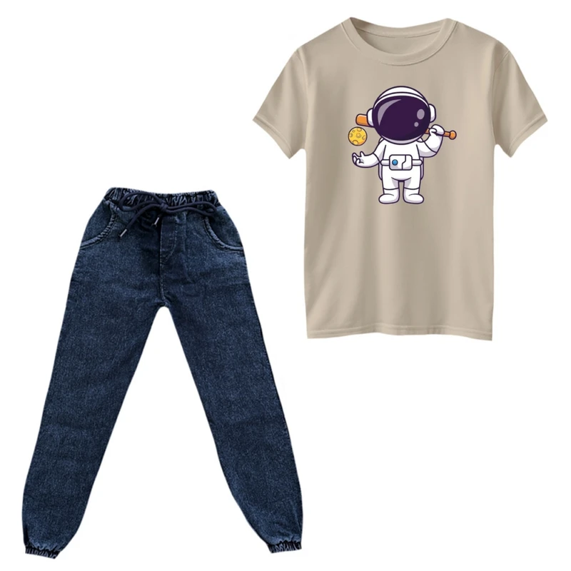 ست تی‌شرت و شلوار پسرانه مدل فضانورد کد ۳ رنگ کرم