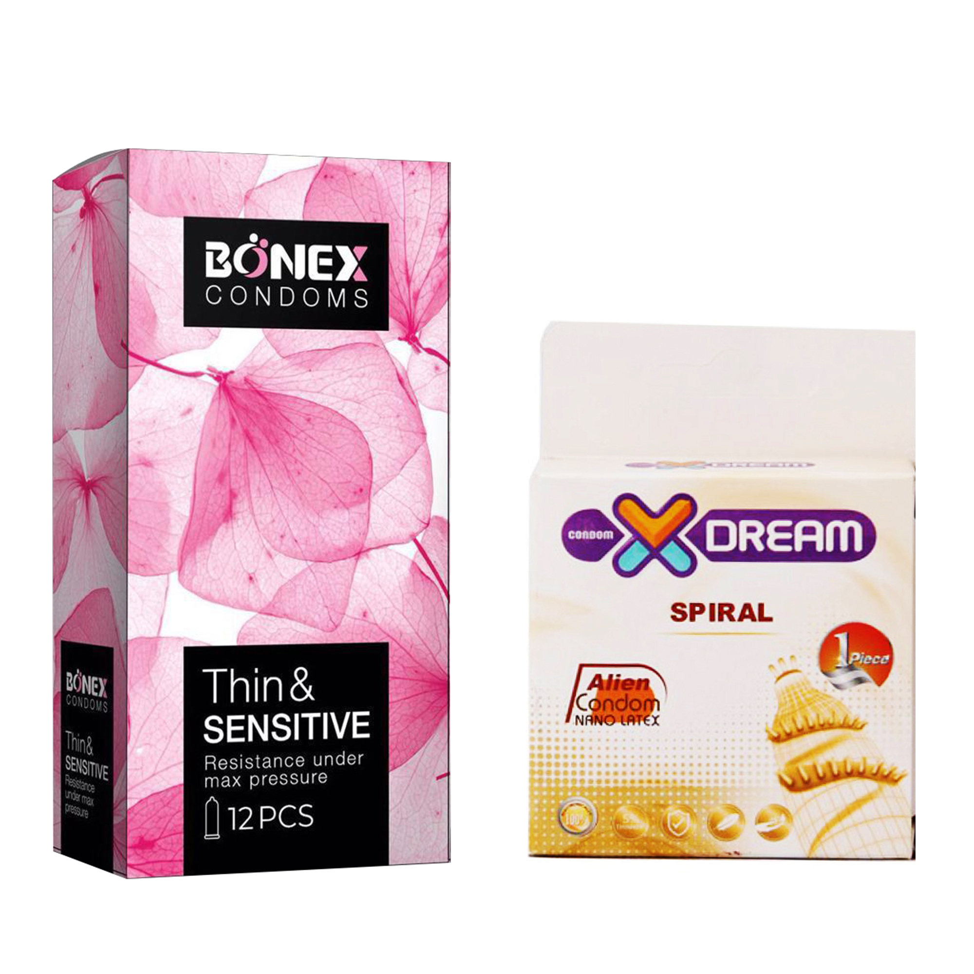 کاندوم بونکس مدل Thin & Sensitive بسته 12 عددی به همراه کاندوم ایکس دریم مدل Spiral