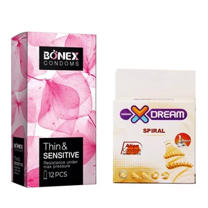 کاندوم بونکس مدل Thin &amp; Sensitive بسته 12 عددی به همراه کاندوم ایکس دریم مدل Spiral