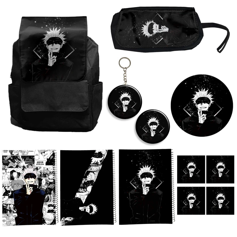 کوله پشتی طرح انیمه جوجوتسو کایسن کد3 jujutsu kaisen به همراه دفتر مشق و جامدادی و زیر لیوانی و جاکلیدی مجموعه 12 عددی