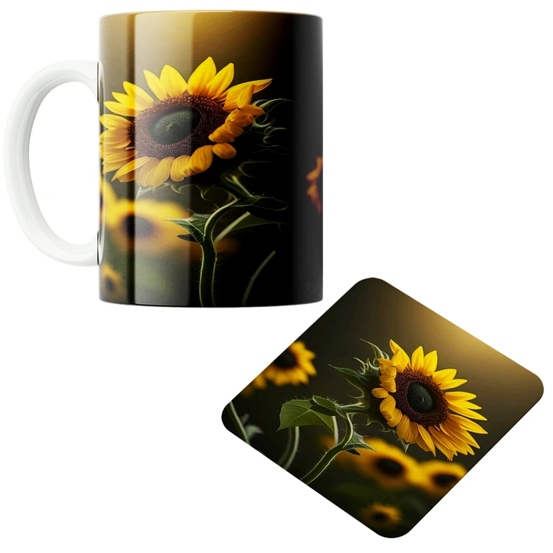 ماگ پاد آفرین مدل گل افتابگردان کد 02 به همراه زیر لیوانی