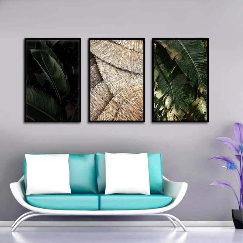 تابلو بکلیت دکوراتیو طرح برگ مدل B-3214 فریم مشکی مجموعه 3 عددی