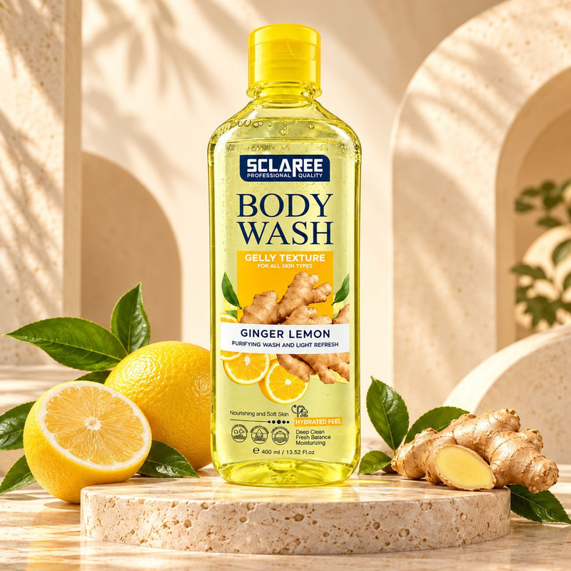شامپو بدن ژلی اسکلاره مدل Ginger Lemon با رایحه لیمو و زنجبیل مناسب انواع پوست حجم 400 میلی لیتر