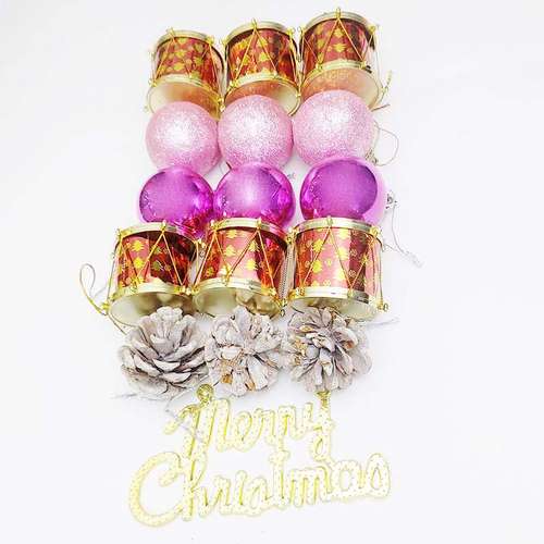 آویز تزیینی مدل گوی کریسمس طبل میوه کاج مجموعه 16 عددی