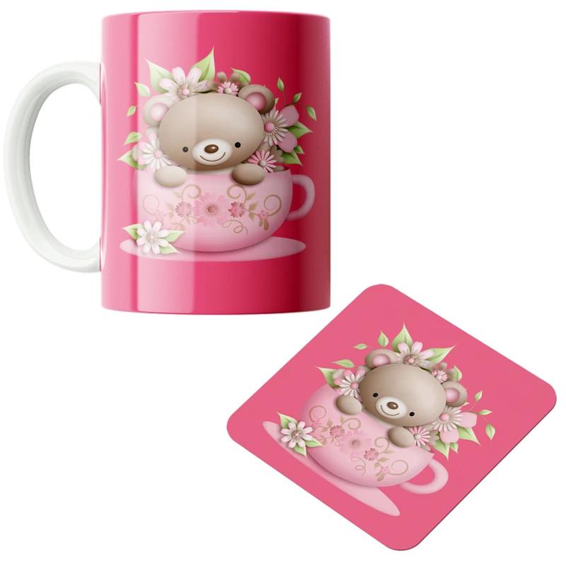 ماگ پاد آفرین مدل خرس داخل فنجان کد DKC346 به همراه زیر لیوانی