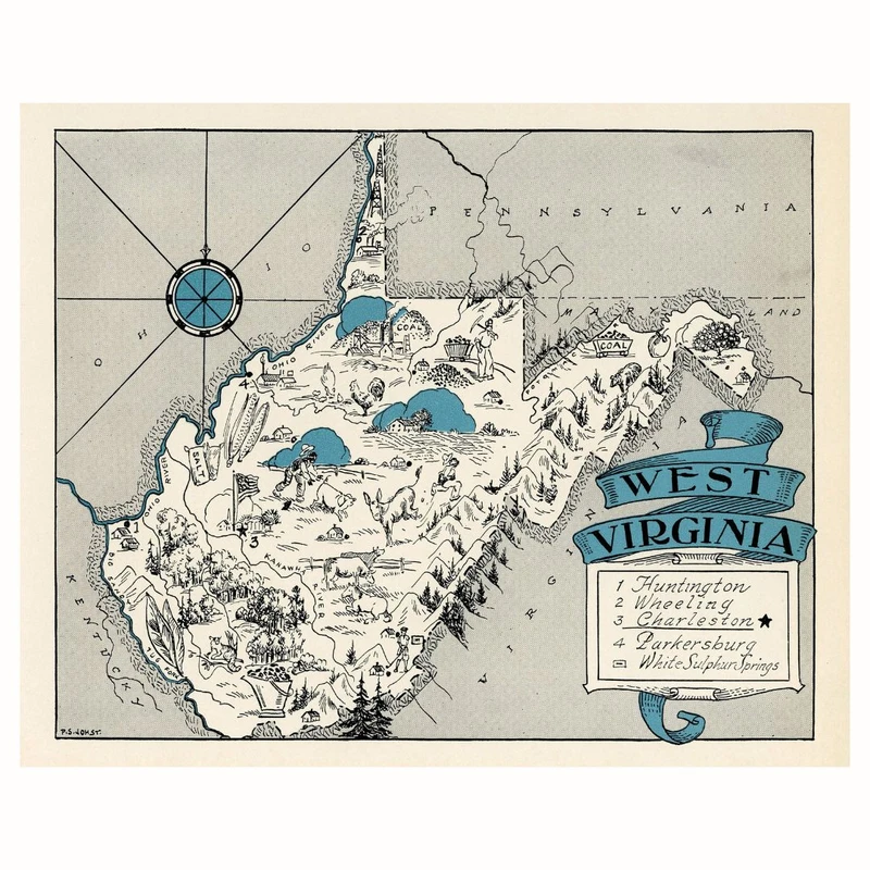 پوستر مدل وینتیج نقشه -نقشه ویرجینیای غربی 
