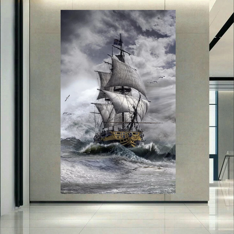 تابلو بوم طرح کشتی و دریای طوفانی کد AR31305