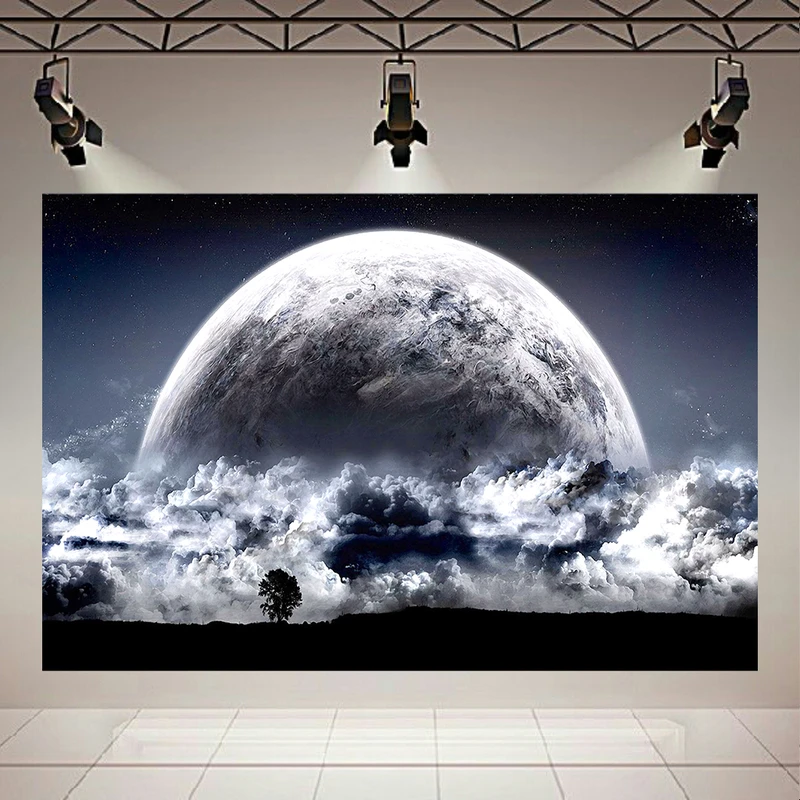 تابلو بوم طرح مخمل ماه زیبا و ابرهای درهم تنیده کد PD130503