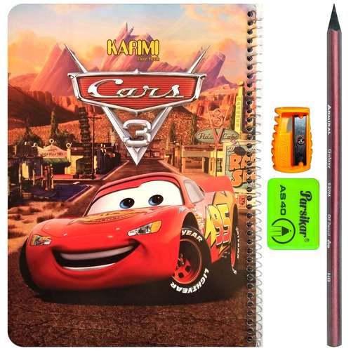 دفتر مشق 50 برگ مدل حاشیه دار ماشین ها طرح مک کویین کد 40 به همراه مداد و پاک کن و تراش