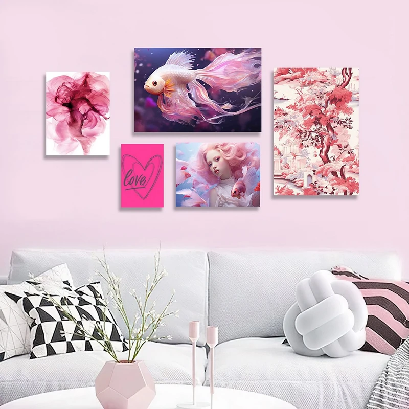 تابلو شاسی بکلیت طرح نقاشی آبرنگی ماهی بال دار و گل رنگی مدل SH-1200  مجموعه 5 عددی