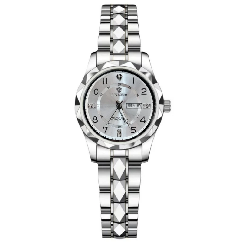 ساعت مچی عقربه‌ای کوارتز زنانه بین باند مدل الماسی دو تقویمه قفل مخفی بند استیل کد 002