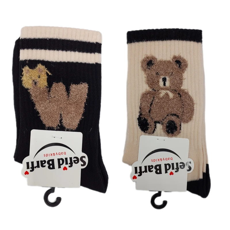 جوراب ساق بلند پسرانه سفید برفی طرح خرسی کد WB بسته 2 عددی