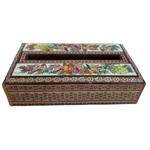 جعبه دستمال کاغذی خاتم کاری مدل گل و مرغ کد 006