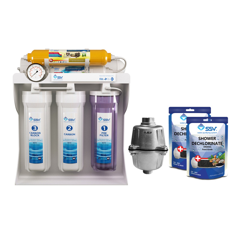 دستگاه تصفیه کننده آب اس اس وی مدل Maxpro x600 به همراه فیلتر دوش حمام و شارژ یدک وزن 140 گرم مجموعه 2 عددی