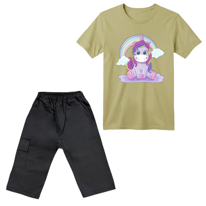 ست تی‌شرت آستین کوتاه و شلوارک دخترانه مدل یونیکورن کد ۵۱ رنگ نسکافه‌ای