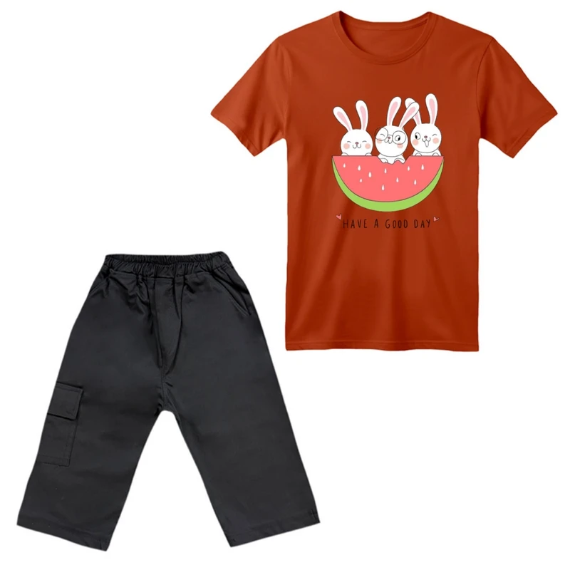 ست تی‌شرت آستین کوتاه و شلوارک دخترانه مدل خرگوش یلدایی کد 4