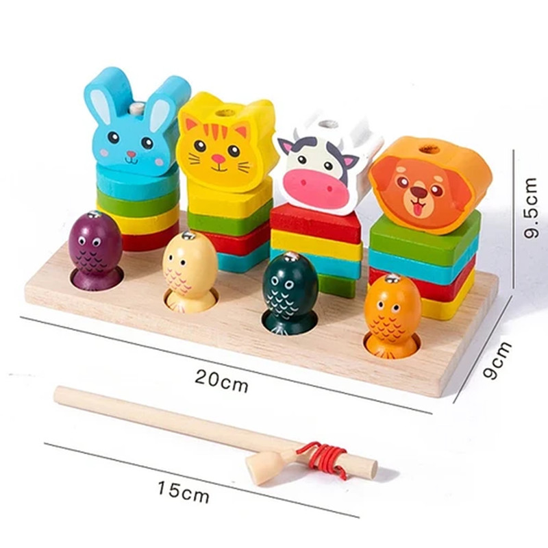 بازی آموزشی سمید مدل مونته سوری چوبی طرح پایه اشکال 4 ستون ماهیگیری و حیوانات