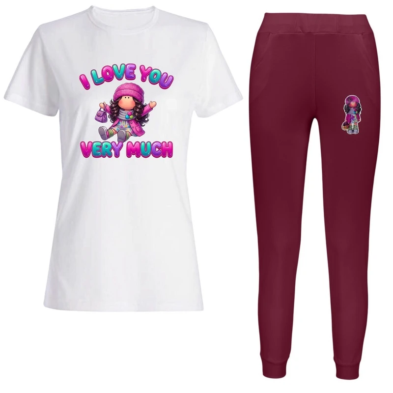 ست تی‌شرت آستین کوتاه و شلوار راحتی زنانه مدل عروسک i love you