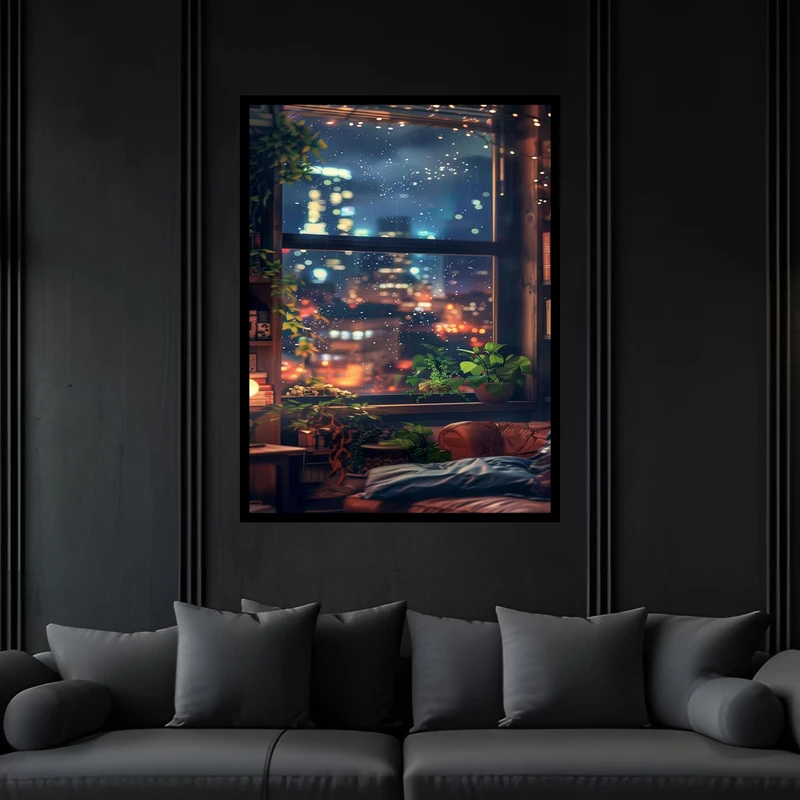 تابلو بکلیت طرح منظره شهری مدرن پنجره اتاق خانه مدل B-bu6802فریم مشکی
