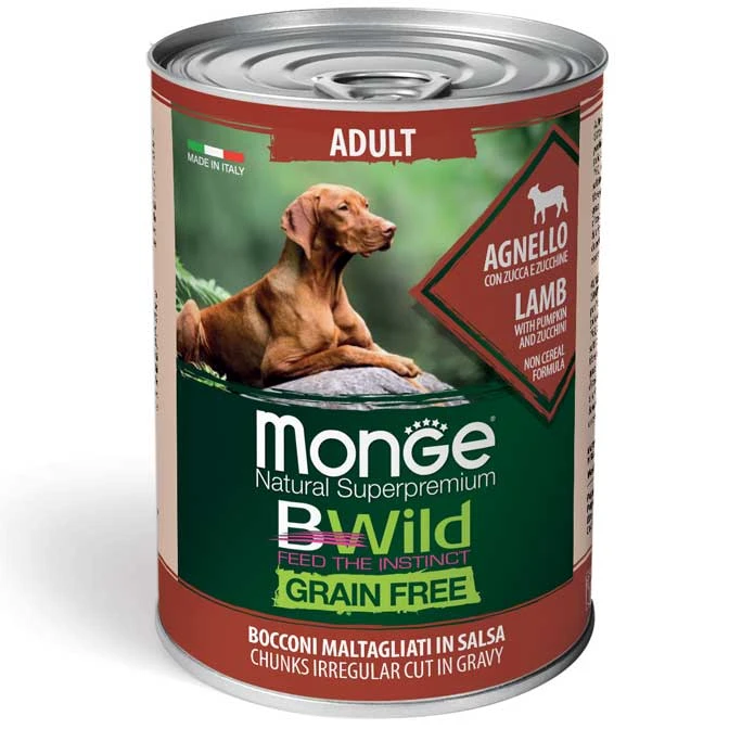کنسرو سگ بالغ مونژه مدل Bwild Adult با طعم بره و کدوحلوایی و کدوسبز وزن 400 گرم