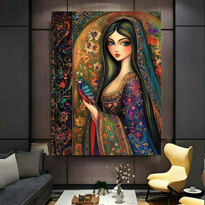 تابلو بوم طرح مخمل  پرتره زن مدل بانوی سنتی ایرانی (3) کد BK27199