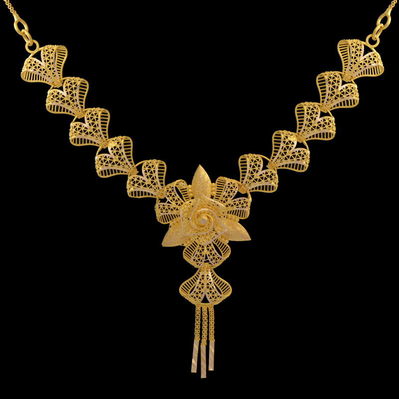 گردنبند طلا 18 عیار زنانه با زنجیر بیزمارک طلای مستجابی مدل بحرینی گل رز پنج شیر کد 40497