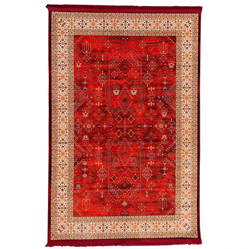 فرش ماشینی 1250 شانه زمینه قرمز حاشیه کرم مدل سلطان آباد کد 1034