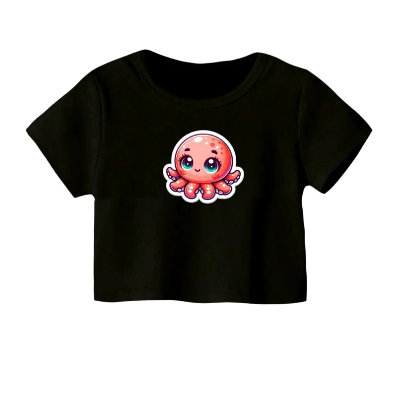 کراپ‌ تی‌شرت آستین کوتاه زنانه مدل هشت پا کارتونی کد 01