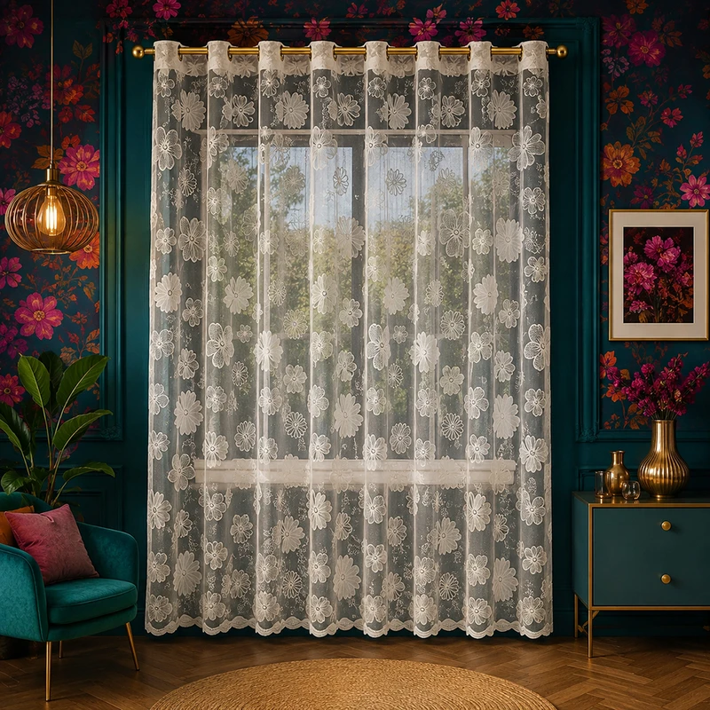 پرده پانچ تیکو دکو مدل تور راشل کادکا طرح گلبرگ دالبوردار سایز 280 × 300 سانتی‌متر 