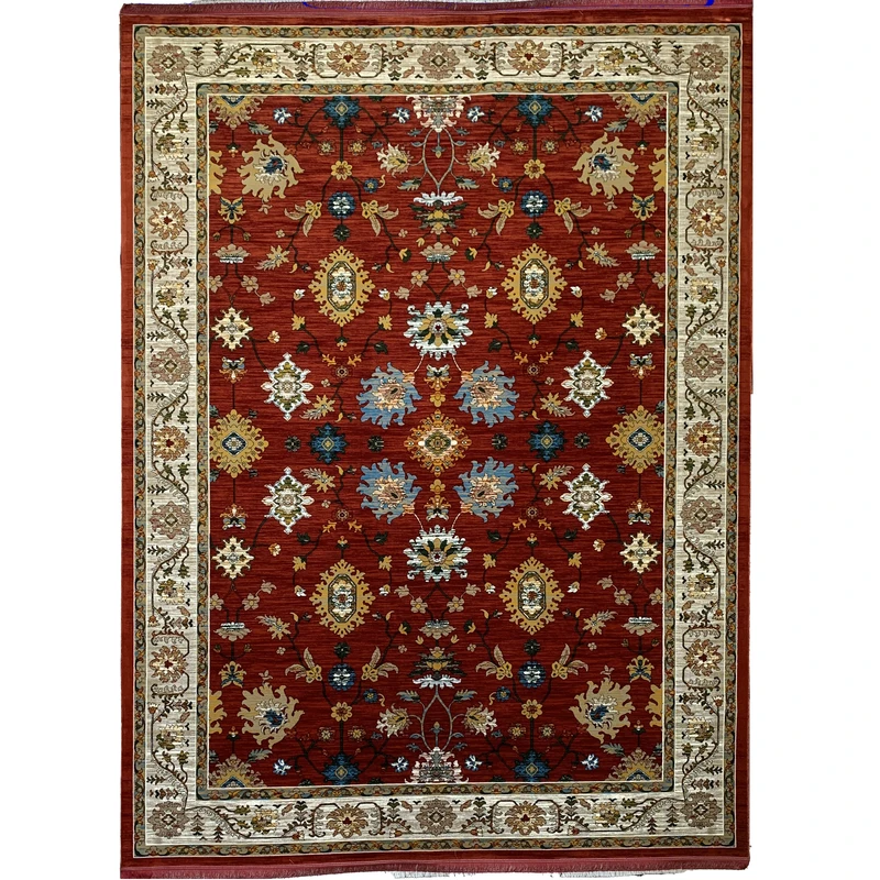 فرش ماشینی 700 شانه لک لک  زمینه لاکی حاشیه کرم مدل 2211