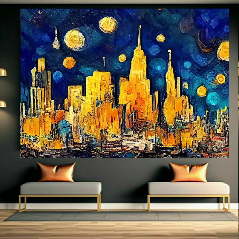 تابلو بوم طرح مخمل آسمان خراش شهر مدل شب پر ستاره ونگوگ کد BK24177