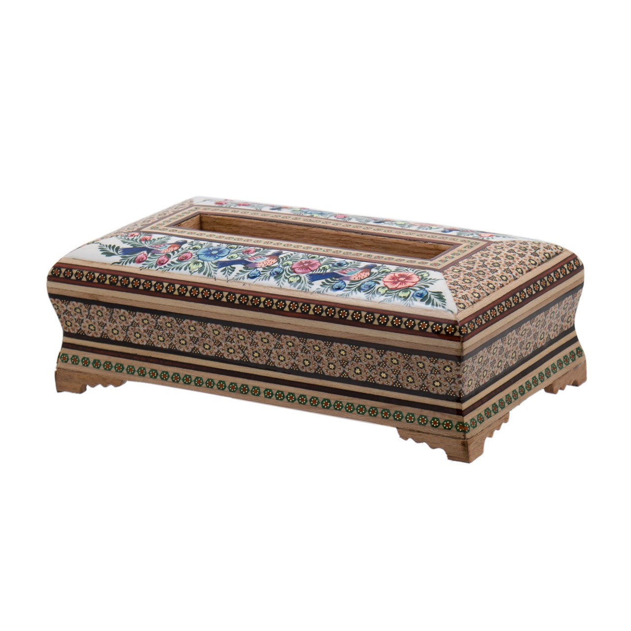 جعبه دستمال کاغذی خاتم کاری رستا طرح 6-12-101 با نقاشی گل و مرغ